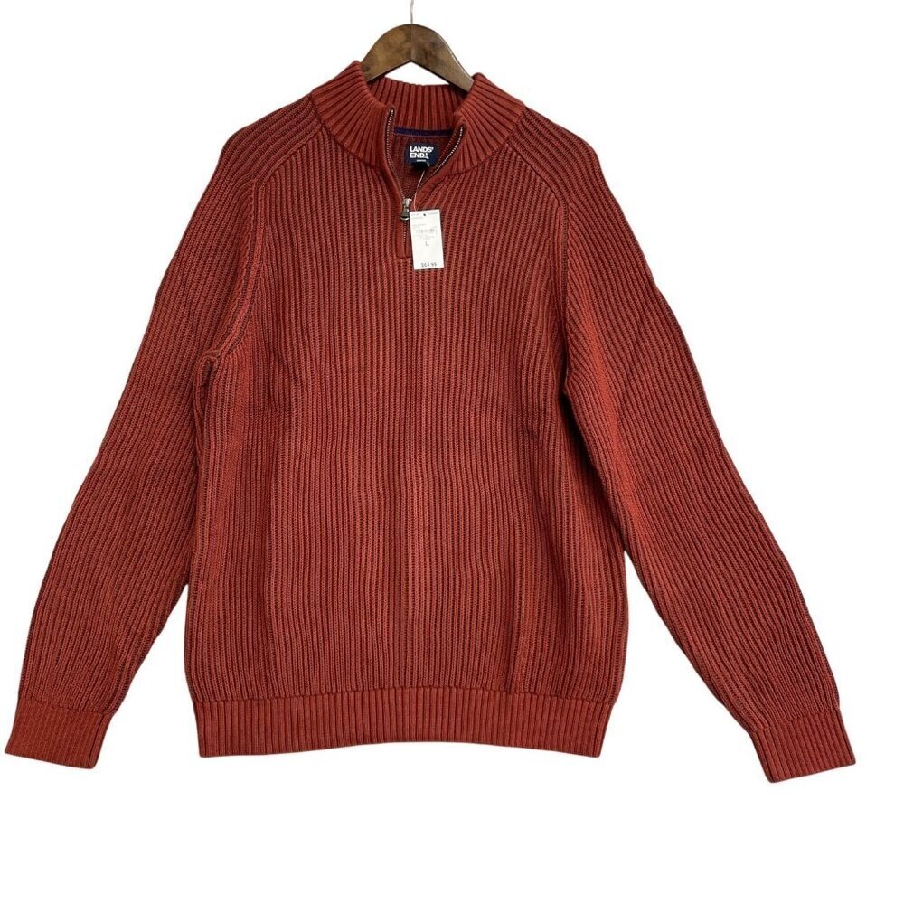 New Lands’ End Men’s L Ribbed Knit Sweater Mock Neck Red Rust 100% Cotton